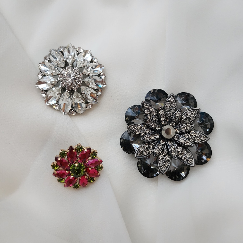 3 DIY Floral Brooches & Hair Clip Set Silver Gold Pink Green Gray Rhinestone